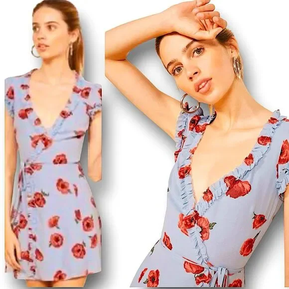Reformation Garnet Wrap Dress Pelyana V-Neck Floral Print Dress In Blue Ref Sz S - Picture 4 of 16